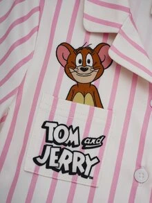 TOM & JERRY X SHEIN Young Girl Summer Casual Striped Cartoon Print Short Sleeve Shirt And Pants Pajama Set - Baby Pink - View 5