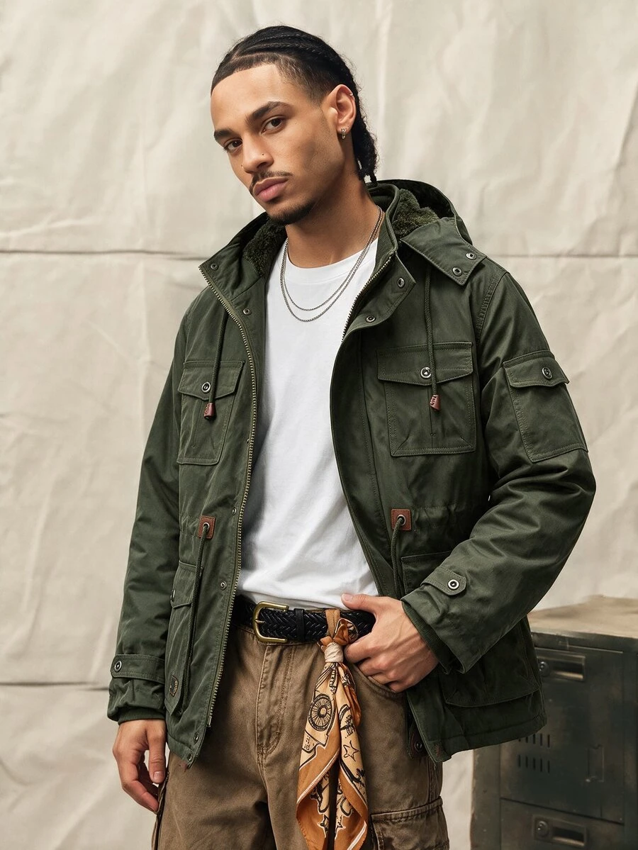 Norleigh Loose Fit Men's Long Sleeve Hooded Thermal Lined Winter Coat With Flap Pockets And Drawstring Waist, For Fall - Army Green - View 1