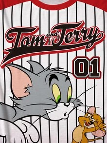 TOM & JERRY X SHEIN Men's Striped Letter Print Short Sleeve Casual T-Shirt - White - View 5
