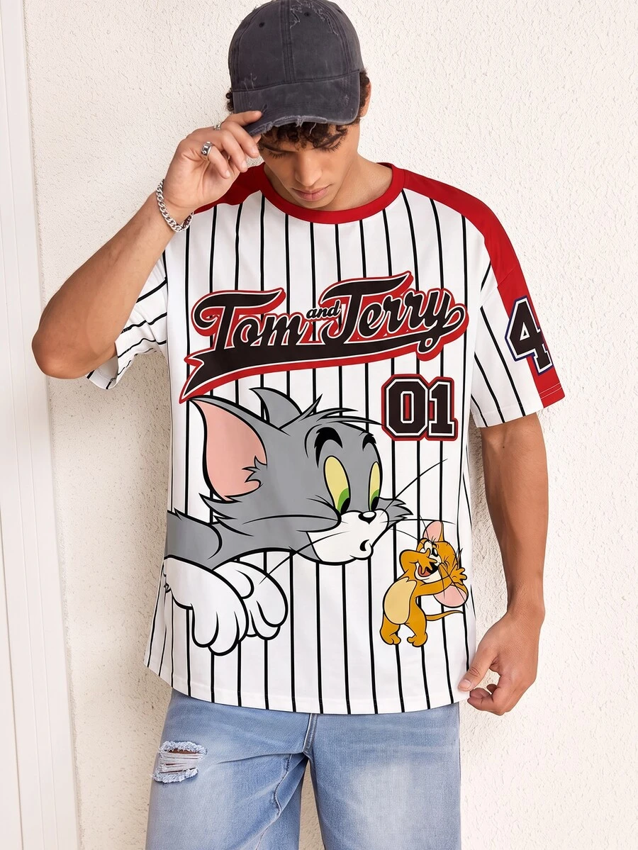 TOM & JERRY X SHEIN Men's Striped Letter Print Short Sleeve Casual T-Shirt - White - View 1
