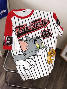 TOM & JERRY X SHEIN Men's Striped Letter Print Short Sleeve Casual T-Shirt - White - View 4