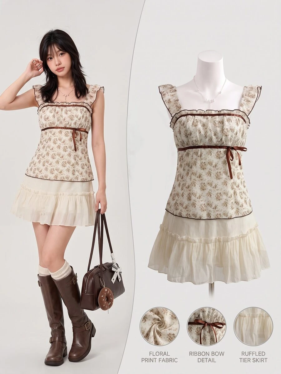 Elamini Vestido floral diminuto dulce y suave para mujer, primavera/verano - Albaricoque - Ver 1