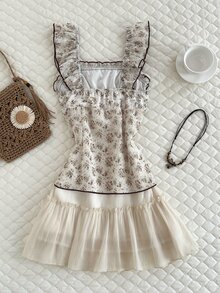 Elamini Vestido floral diminuto dulce y suave para mujer, primavera/verano - Albaricoque - Ver 2