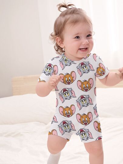 TOM & JERRY X SHEIN 女婴卡通图案圆领短袖连体衣
