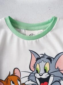 TOM & JERRY X SHEIN Baby Boy Round Neck Color Block Letter Cartoon Print Short Sleeve T-Shirt And Shorts Casual Daily Set - Multicolor - View 5