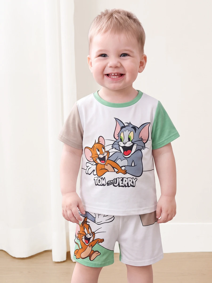 TOM & JERRY X SHEIN Baby Boy Round Neck Color Block Letter Cartoon Print Short Sleeve T-Shirt And Shorts Casual Daily Set - Multicolor - View 1