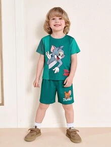 TOM & JERRY X SHEIN Young Boy Cartoon Print Short Sleeve T-Shirt And Shorts Casual Set - Green - View 1