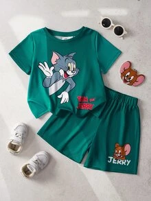 TOM & JERRY X SHEIN Young Boy Cartoon Print Short Sleeve T-Shirt And Shorts Casual Set - Green - View 2