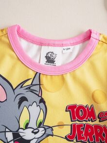 TOM & JERRY X SHEIN Infant/Toddler Girls' Cartoon Print Round Neck Short Sleeve Romper - Yellow - View 5