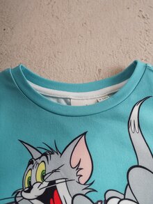 TOM & JERRY X SHEIN 男婴字母卡通印花圆领短袖T恤和短裤套装 - 青碧色 - 查看 5