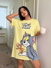 TOM & JERRY X SHEIN 大尺碼女款卡通印花圓領短袖休閒睡裙 - 黃色 - 查看 4
