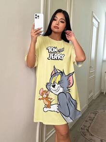 TOM & JERRY X SHEIN 大尺碼女款卡通印花圓領短袖休閒睡裙 - 黃色 - 查看 3