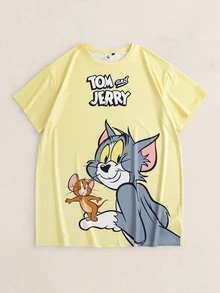 TOM & JERRY X SHEIN 大尺碼女款卡通印花圓領短袖休閒睡裙 - 黃色 - 查看 5