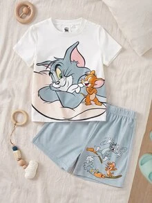 TOM & JERRY X SHEIN Cartoon Print Round Neck Short Sleeve Top And Casual Shorts Pajama Set For Young Boy - White - View 2