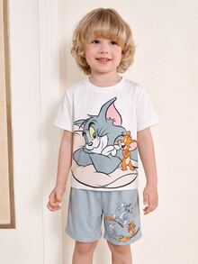 TOM & JERRY X SHEIN Cartoon Print Round Neck Short Sleeve Top And Casual Shorts Pajama Set For Young Boy - White - View 1