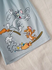 TOM & JERRY X SHEIN Cartoon Print Round Neck Short Sleeve Top And Casual Shorts Pajama Set For Young Boy - White - View 8