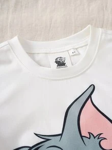TOM & JERRY X SHEIN Cartoon Print Round Neck Short Sleeve Top And Casual Shorts Pajama Set For Young Boy - White - View 4