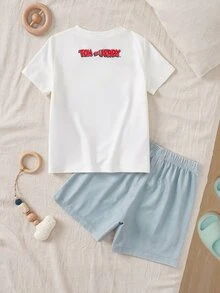 TOM & JERRY X SHEIN Cartoon Print Round Neck Short Sleeve Top And Casual Shorts Pajama Set For Young Boy - White - View 3