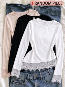 SHEIN Teen Girls Fall Tops White Striped Collar Button Decor Lace Trim Long Sleeve Casual Elegant Design T-Shirt, Stretchy, Crewneck, Bell Formal Gifts - White - View 1