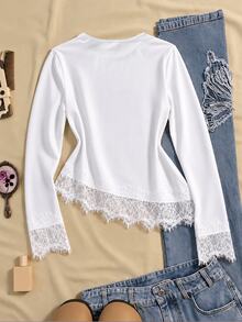 SHEIN Teen Girls Fall Tops White Striped Collar Button Decor Lace Trim Long Sleeve Casual Elegant Design T-Shirt, Stretchy, Crewneck, Bell Formal Gifts - White - View 4