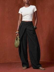 Zivah Women's Solid Color Double Waistband Curved Leg Loose Fit Long Pants Vacation Black Fall Casual, Autumn/Winter - Black - View 8