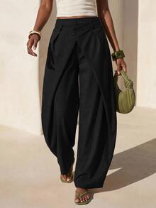 Zivah Women's Solid Color Double Waistband Curved Leg Loose Fit Long Pants Vacation Black Fall Casual, Autumn/Winter - Black - View 6