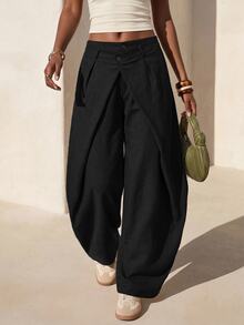 Zivah Women's Solid Color Double Waistband Curved Leg Loose Fit Long Pants Vacation Black Fall Casual, Autumn/Winter - Black - View 3