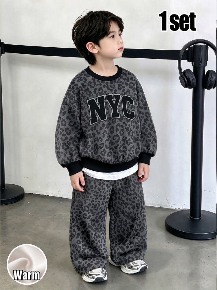 1Set Young Boys Casual Fashion Comfortable Crew Neck & Wide Leg Pants Fleece Lined Sports Set, Black Fashion Leopard Print Sports Letter New York Graphic, Suitable For Streetwear, Daily Wear, New Style, Spring/Autumn/Winter - Multicolor - View 1