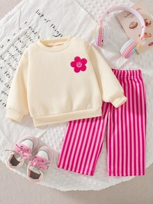 SHEIN Playful Pals 2件組幼女運動衫+長褲，可愛甜美奶油粉花卉字母條紋長袖圓領加厚派對秋季Y2K假期寬鬆舒適毛茸茸 - 粉色 - 查看 7