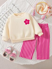 SHEIN Playful Pals 2件組幼女運動衫+長褲，可愛甜美奶油粉花卉字母條紋長袖圓領加厚派對秋季Y2K假期寬鬆舒適毛茸茸 - 粉色 - 查看 2