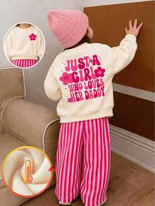 SHEIN Playful Pals 2件組幼女運動衫+長褲，可愛甜美奶油粉花卉字母條紋長袖圓領加厚派對秋季Y2K假期寬鬆舒適毛茸茸 - 粉色 - 查看 3