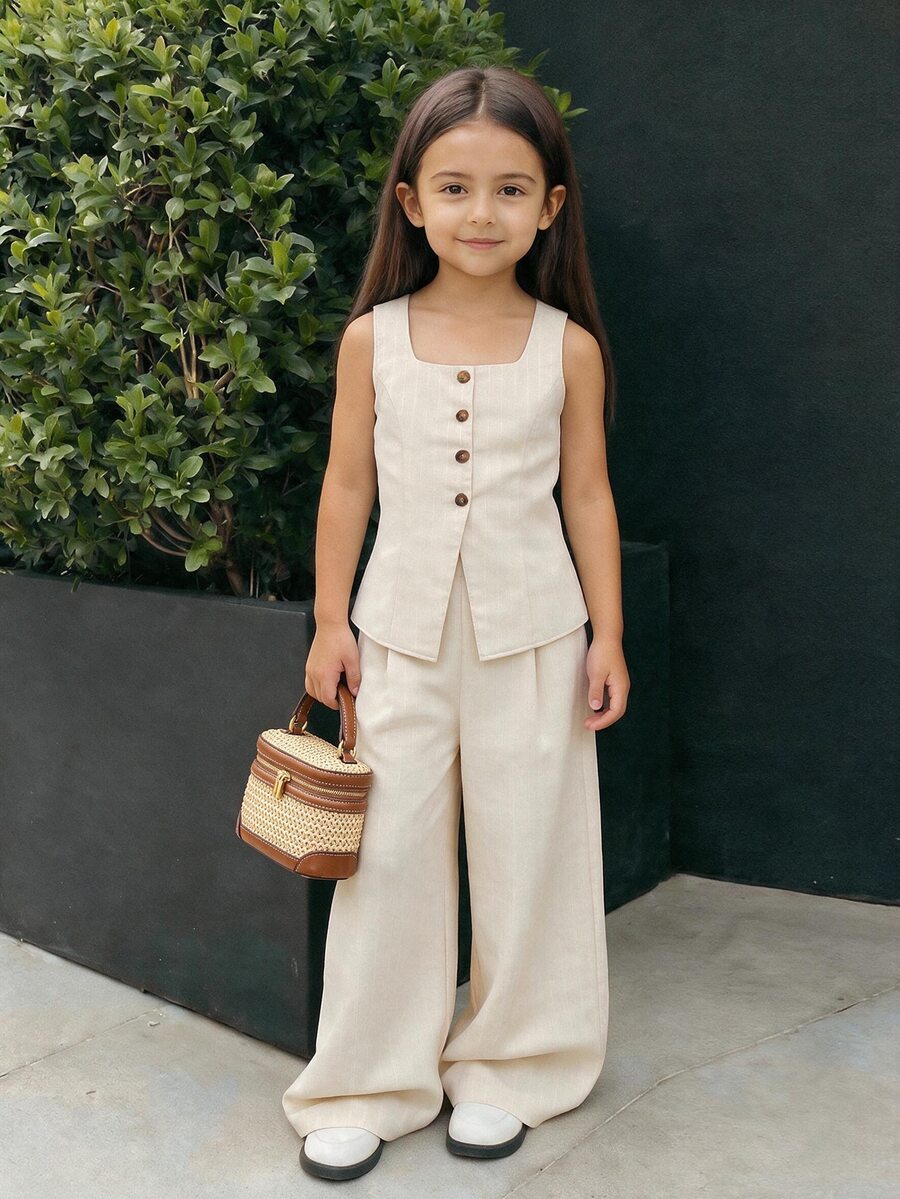 Firerie Kids Firerie Kids 2件組少女亞麻風條紋細肩帶上衣+長褲,可愛休閒日常時尚百搭,適合少女 - 杏色 - 查看 1