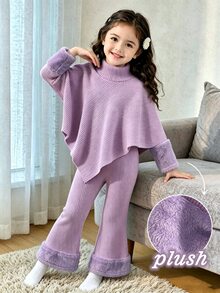 SHEIN 女童 2 件組針織套裝，假領不對稱披肩上衣搭配毛絨袖口設計，高腰喇叭褲配毛絨下擺，聖誕秋季穿搭 - 紫色 - 查看 10