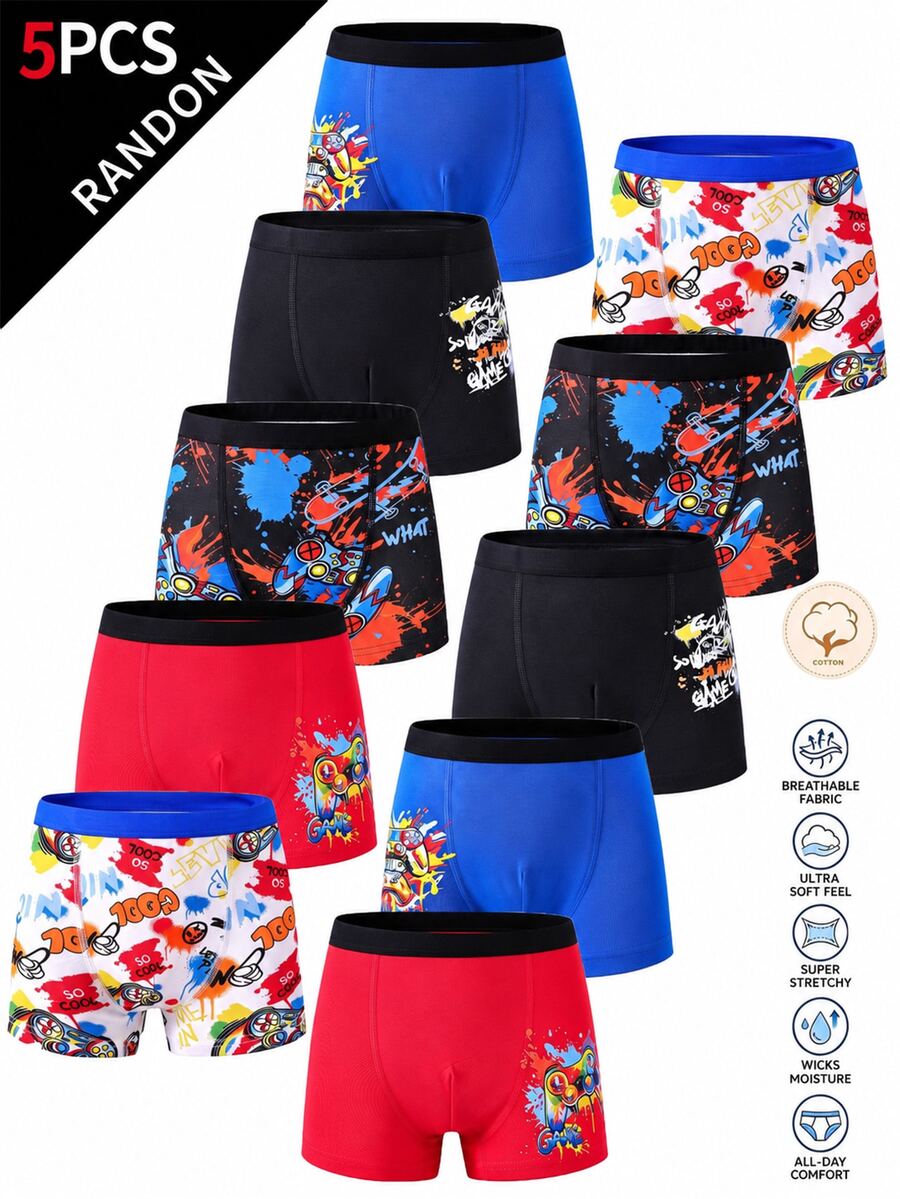 SHEIN TWEEN BOY 5pcs Random  All Season Cotton Comfortable Cute White Multi-Pattern Game Console  Game Controller Print Boxer Briefs Fall - Multicolor - View 1