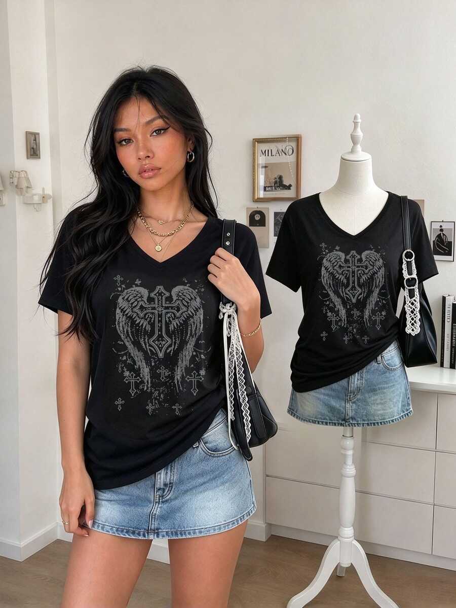 Lalippa Women's Gothic Style Wing Print Y2K Short Sleeve Round Neck T-Shirt, Suitable For Parties, Gatherings, Holiday Gifts, All Season Styling - Black - View 1