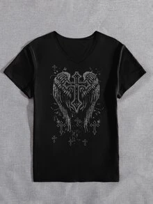 Lalippa Women's Gothic Style Wing Print Y2K Short Sleeve Round Neck T-Shirt, Suitable For Parties, Gatherings, Holiday Gifts, All Season Styling - Black - View 4