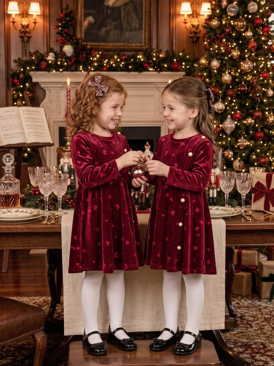 Young Girl Autumn Winter Elegant Burgundy Velvet Butterfly Print Pearl Button Flare Dress,Christmas Party Dress,Robe Automne Hiver - Burgundy - View 1