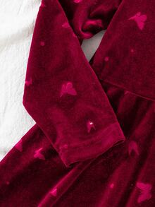 Young Girl Autumn Winter Elegant Burgundy Velvet Butterfly Print Pearl Button Flare Dress,Christmas Party Dress,Robe Automne Hiver - Burgundy - View 5