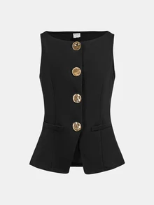 Firerie Kids Firerie Kids Tween Girls Metal Buckle Black Suit Vest 2 Pieces Set,Fashionable Casual Summer Outfit For Tea Party,Vacation,Daily Leisure,Commuting,Sister Photo - Black - View 9