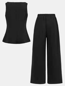 Firerie Kids Firerie Kids Tween Girls Metal Buckle Black Suit Vest 2 Pieces Set,Fashionable Casual Summer Outfit For Tea Party,Vacation,Daily Leisure,Commuting,Sister Photo - Black - View 3