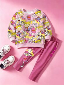 Nick 90s | SHEIN 女嬰 2 件套，Hey Arnold 卡通 Helga 印花圓領長袖衛衣 + 心形裝飾長褲，春季休閒嬰兒服飾，適合日常穿著的長袖上衣與長褲套裝 - 粉色 - 查看 6