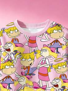 Nick 90s | SHEIN 女嬰 2 件套，Hey Arnold 卡通 Helga 印花圓領長袖衛衣 + 心形裝飾長褲，春季休閒嬰兒服飾，適合日常穿著的長袖上衣與長褲套裝 - 粉色 - 查看 3