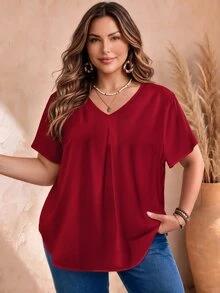 EMERY ROSE Plus Size Women V-Neck Ruched Red Summer Short Sleeve Casual Workwear Top, Simple Fashionable Summer Vacation , Solid Dressy Top - Red - View 1