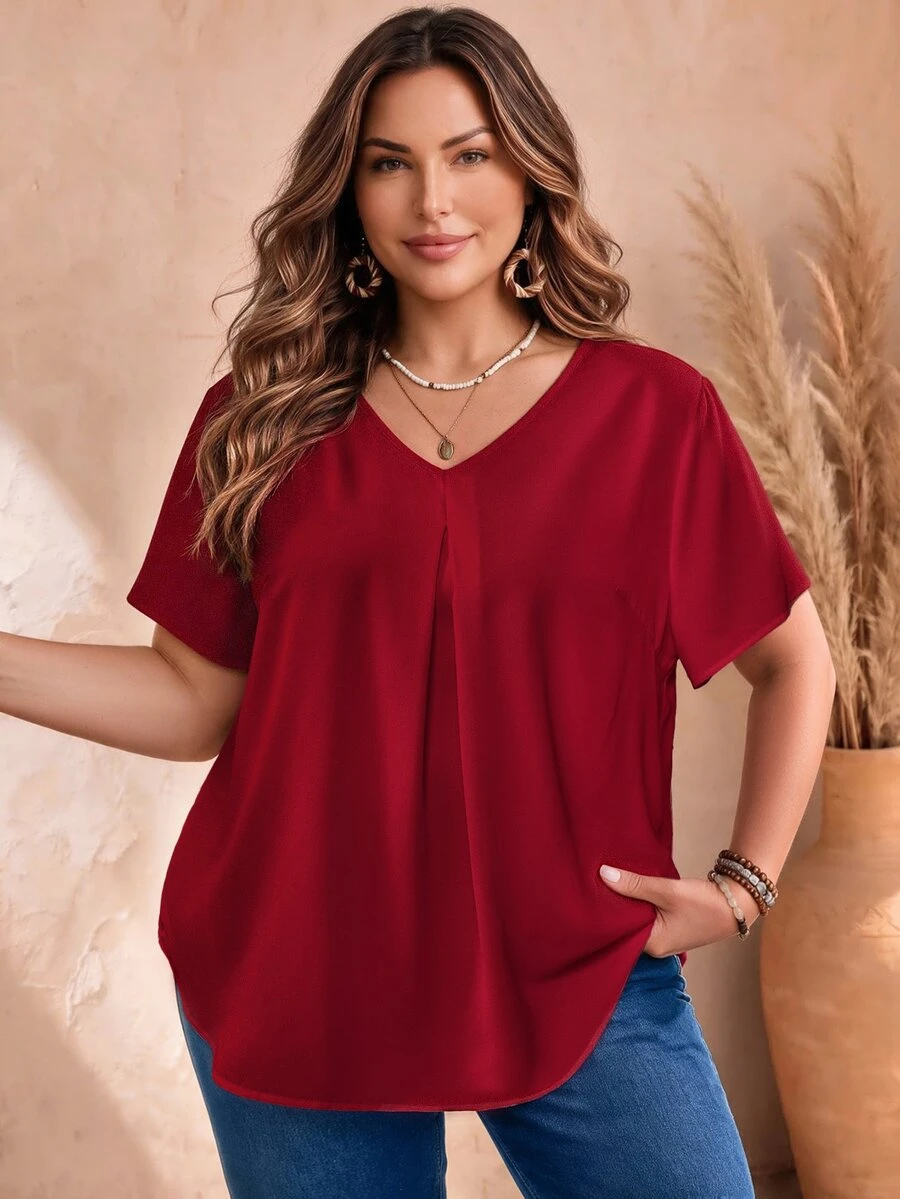 EMERY ROSE Plus Size Women V-Neck Ruched Red Summer Short Sleeve Casual Workwear Top, Simple Fashionable Summer Vacation , Solid Dressy Top - Red - View 1