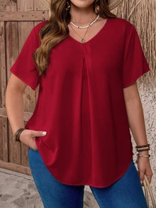 EMERY ROSE Plus Size Women V-Neck Ruched Red Summer Short Sleeve Casual Workwear Top, Simple Fashionable Summer Vacation , Solid Dressy Top - Red - View 5