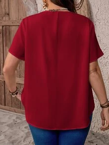EMERY ROSE Plus Size Women V-Neck Ruched Red Summer Short Sleeve Casual Workwear Top, Simple Fashionable Summer Vacation , Solid Dressy Top - Red - View 2