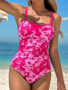 Swim Vcay 2pcs/Set Summer New Floral Print Bra-Sized Long Top & High Waist Trim Triangle Bottom Bikini Swimwear - Multicolor - View 4