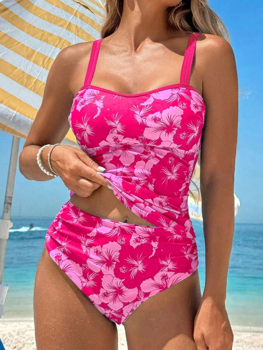 Swim Vcay 2pcs/Set Summer New Floral Print Bra-Sized Long Top & High Waist Trim Triangle Bottom Bikini Swimwear - Multicolor - View 1