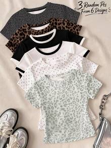 SHEIN Teen Girls Casual Minimalist Fitted Round Neck Short Sleeve High Waist Cropped Regular T-Shirt, 3pcs/Set, Random 3 Colors, Suitable For Summer - Multicolor - View 2
