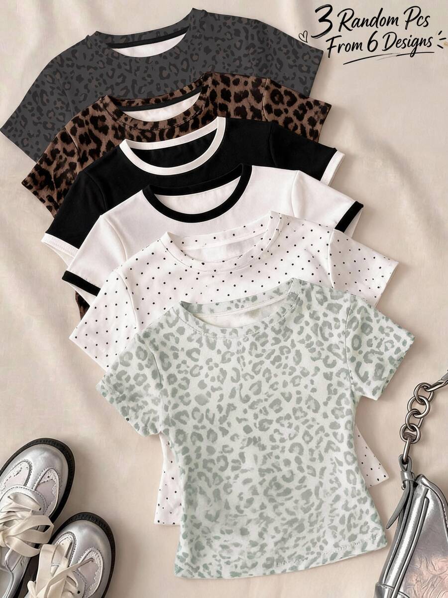 SHEIN Teen Girls Casual Minimalist Fitted Round Neck Short Sleeve High Waist Cropped Regular T-Shirt, 3pcs/Set, Random 3 Colors, Suitable For Summer - Multicolor - View 1